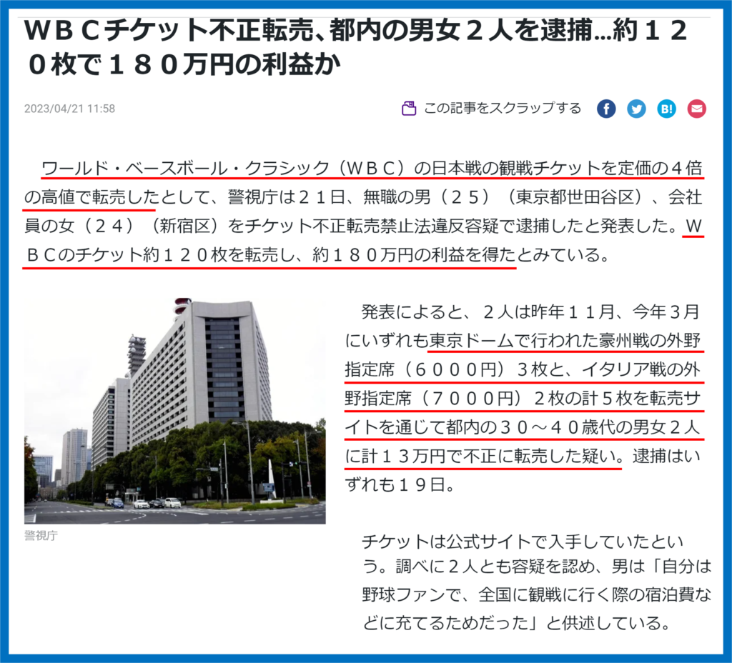 WBC　チケット不正転売